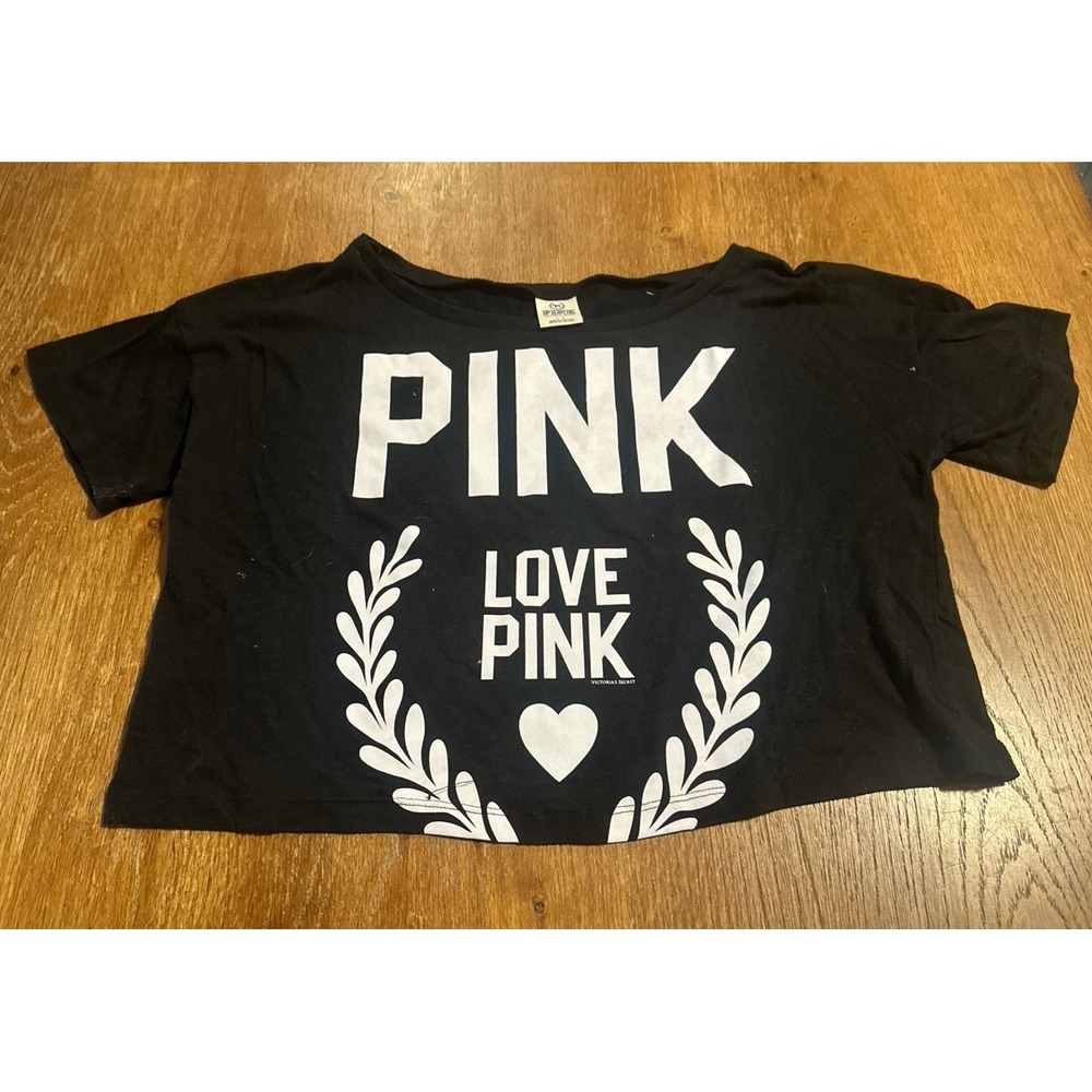 Victoria's Secret PINK Black Cropped Long Sleeve Tee with White Logo